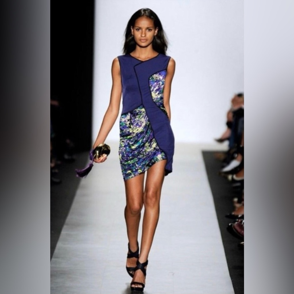 Bcbg Maxazria Runway | Mixed Media Panel Blue And Multicolor Dress